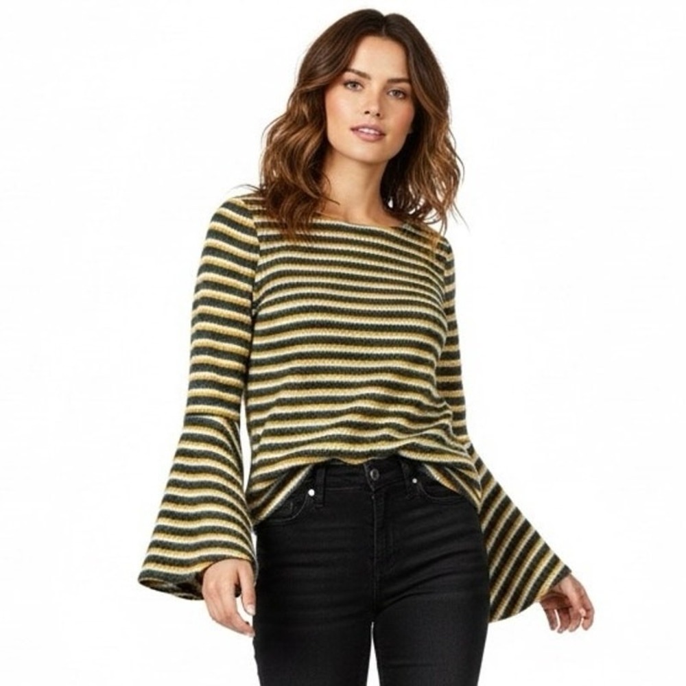 Flamingo Bell Sleeve Striped Knit Top Green Yellow Boho Retro Size S